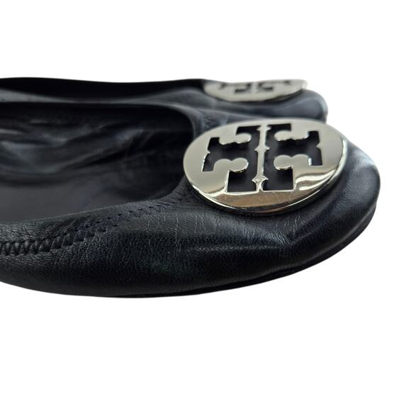 Tory Burch Reva Travel Ballet Flats Womens 10 Black Leather Silver Logo Preppy - Picture 4 of 15
